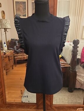 Black Faux Leather Ruffle-Trim Sleeveless Knit Top